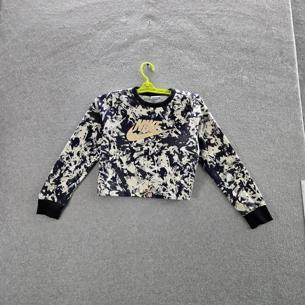 Nike Girl Sweatshirt L Blue Camouflage Cropped Fleece Swoosh‎ Logo Pullover